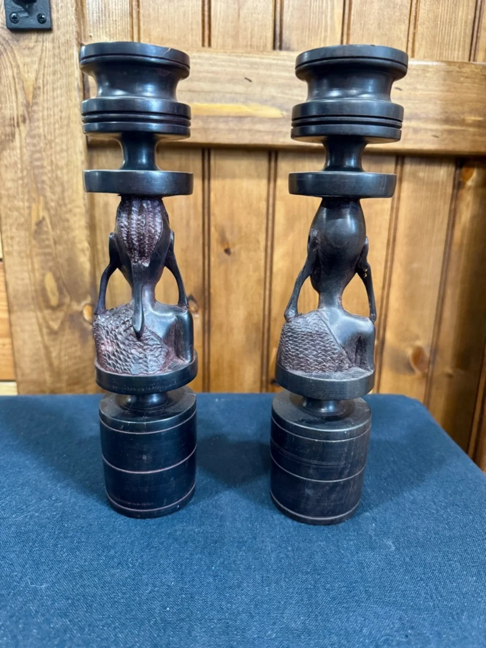Vintage Hand-Carved African Folk Art Ebony Wood Candle Holders - Picture 5 of 6